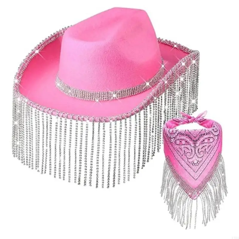 P88A Weatern Cowboy Hat Bandana Set Sequins Women Bandana Tassels Head Scarf Costume
