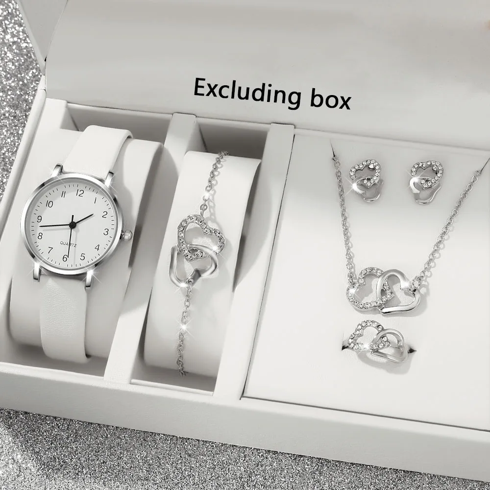 Hot Selling Women's Elegant, Simple and Fashionable Watch Silver Double Heart Accessory Set, Suitable for Daily Versatility