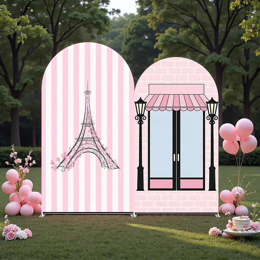 

Декоративный фон-арка Mehofond Custom Chiara: двухсторонний, с изображением железной башни, розовый, для дня рождения девочки, девичника, украшение для фотозоны