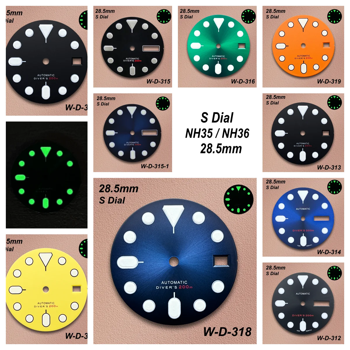 28.5mm SKX007 S Dial Fit NH36/4R36 Movement Green Luminous Matte/Sunray Dial Watch Modification Accessories