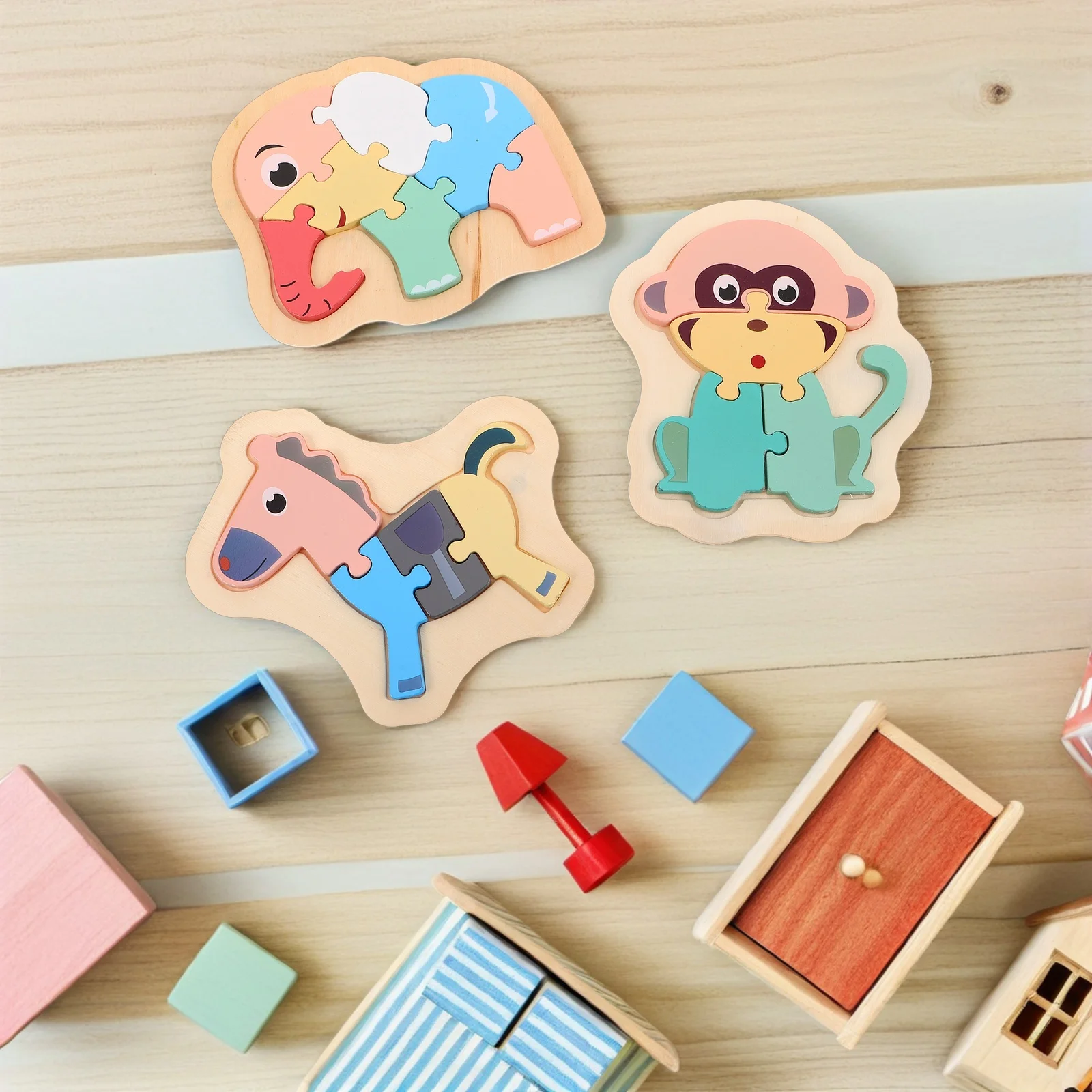 Rompecabezas de animales de madera Montessori, juego educativo de aprendizaje temprano de elefante, 6 uds.