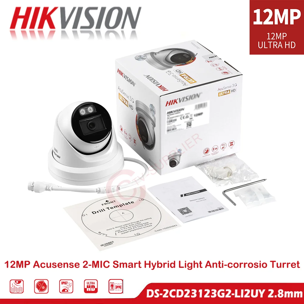 Anti-corrosion Hikvision Dual-Mic DS-2CD23123G2-LI2UY 12MP Smart Hybrid Light IP Turret AcuSense3.0
