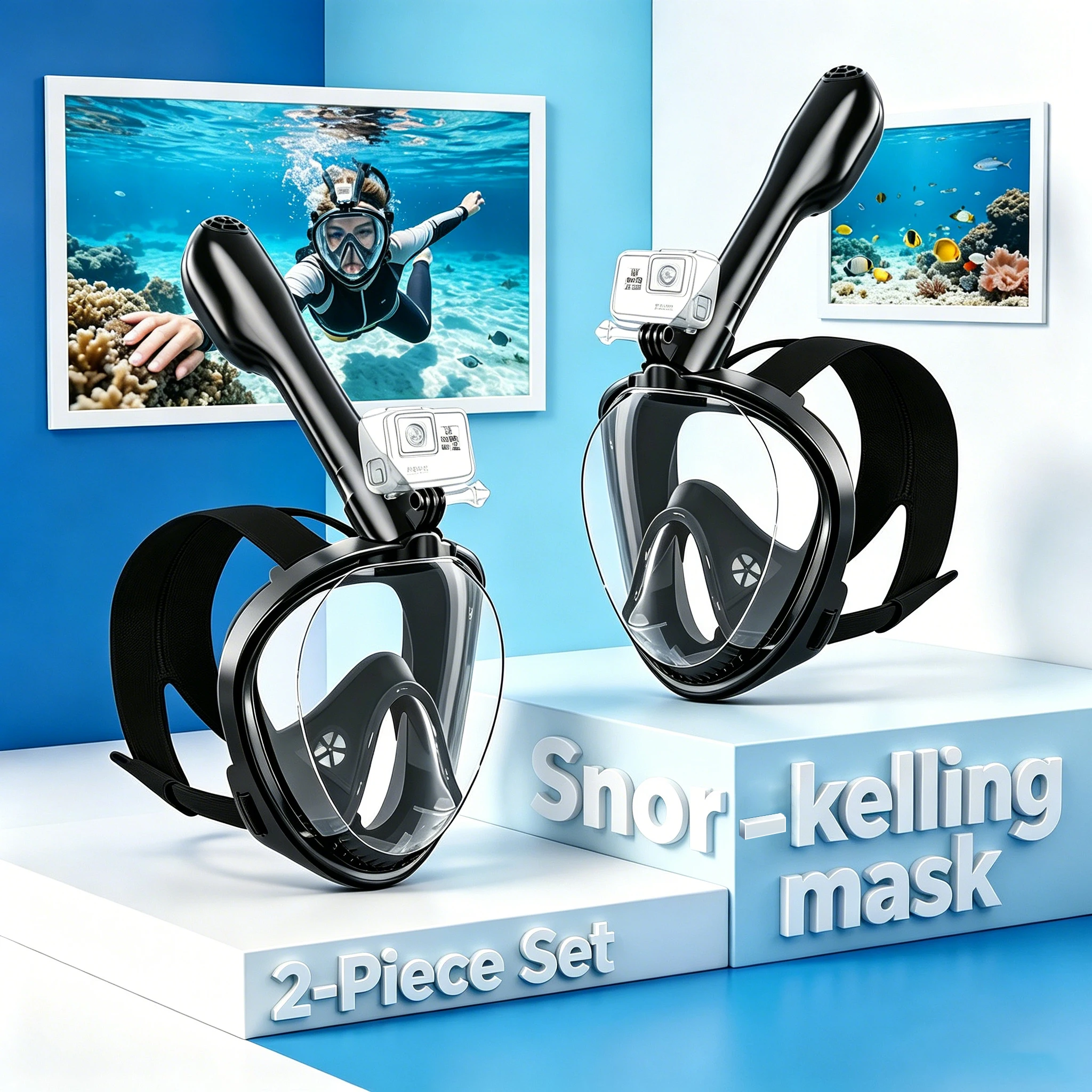 

2-Piece Set Professional Full Face Snorkel Mask Set for Adults, Panoramic Anti-Fog Dry Top with Camera Mount, Pool Beach Swim