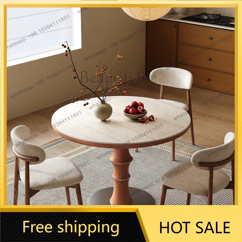 Factory Direct Sales Round Table Travertine Slate Dining Table Small Unit Light Luxury Retro Round