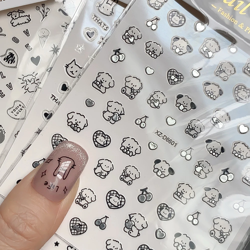 

1pcs 3D Cute Animals Dog Cat Nail Sticker Metallic Silvery Black Line Graffiti Hearts Star Nail Decals Y2K Manicure Slider Decor