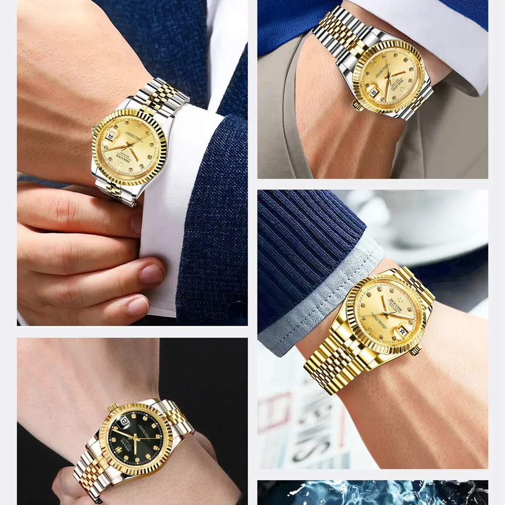 HOLUNS Luxury Classic Designer Gold Men Watch Full Steel Japan MIYOTA Automatic Mechanical Self-wind Watches Business Wristwatch