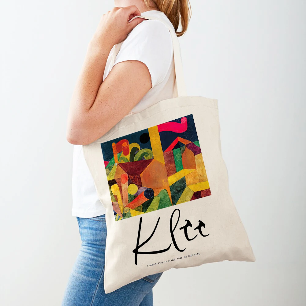 Double Print Vintage Paul Klee Art Shopper Bag Colorful Abstract Flowers Color Block Women Shopping Bags Casual Canvas Handbags