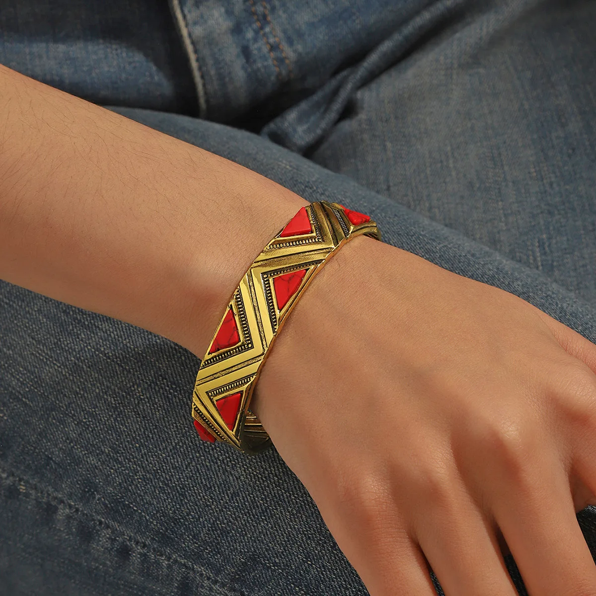 Southwest Style Cluster Cuff Statement Bracelet for Bohemian Lover Adjustable Vibrant Turquoise Engraved Geometric Cuff Bracelet