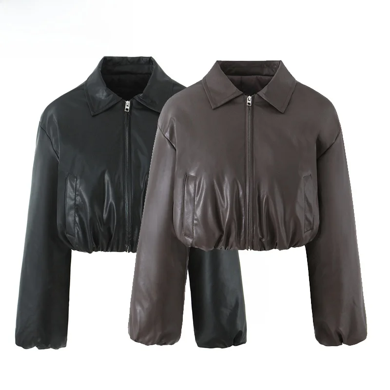 

ZBZR Autumn Winter New Women's Faion Turn-down Collar Long Sve Cotton-filled Bread Sle Thiened Leather ort Coat