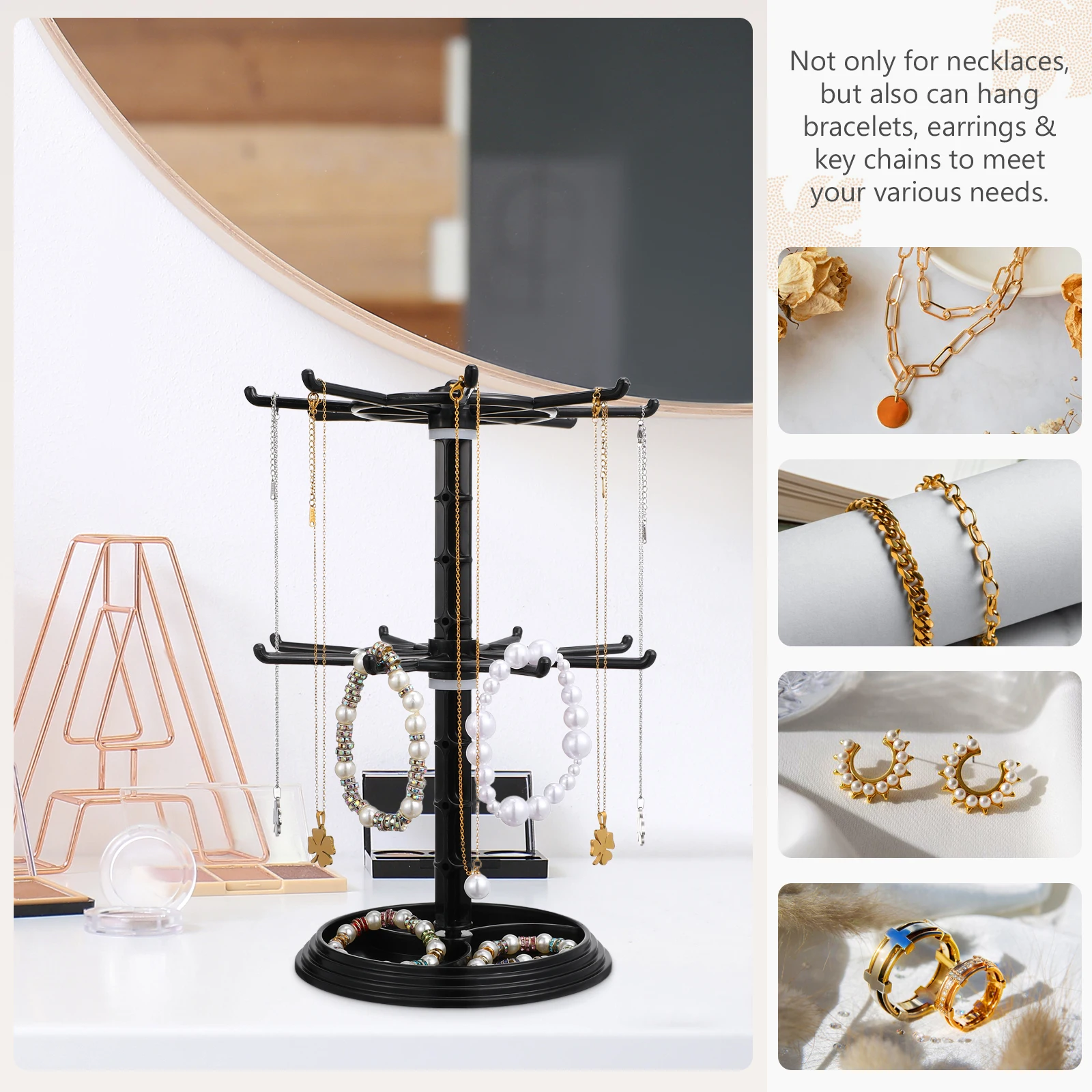 

Rotating Jewelry Holder Necklace Rack 2 Layers Black Keychain Display Stand for Hair Ties Keys Organizer Desktop Storage