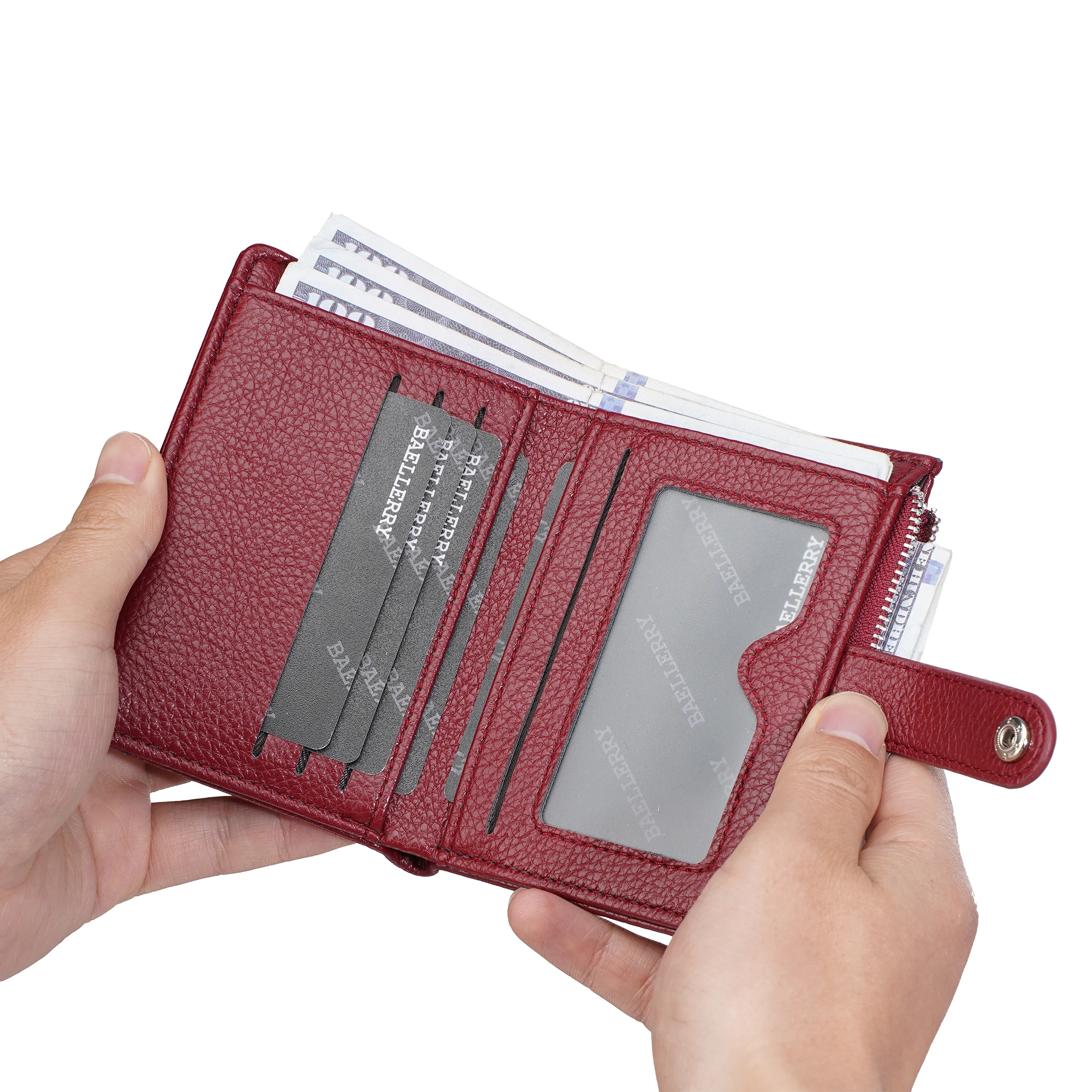 1Pcs-Baellerry Women's Wallet with Lychee Pattern Pu Leather, Transparent Window and Zippered Coin Pocket, Multi-Card Slots, Short Wallet with Snap Button Design for Everyday Convenience