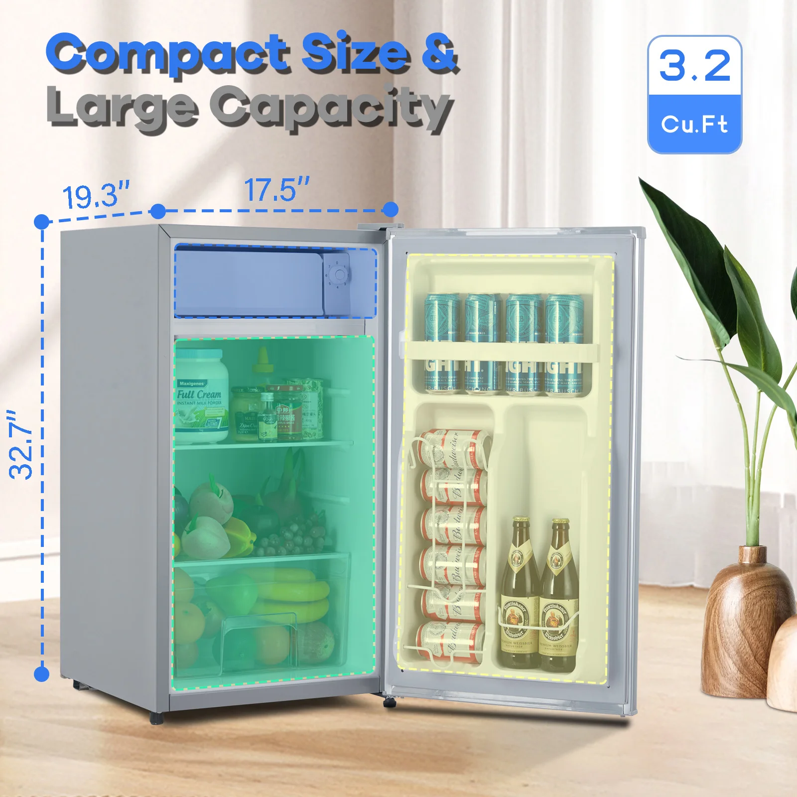 Silver Small Refrigerator with Freezer, 3.2 Cu.Ft Single Door Mini Fridge, 7 Settings Adjustable Thermostat, Low Noise