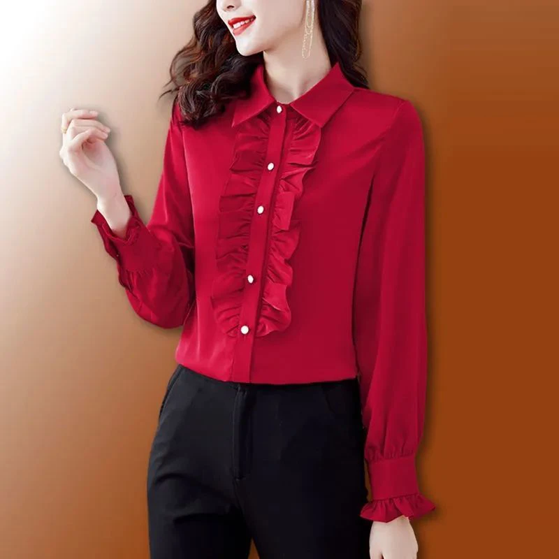 Women\'s Korean Fashion Ruffle Elegant Button Up Shirt Spring Autumn Office Lady Casual Blouse Long Sleeve Solid Slim Tops Blusas