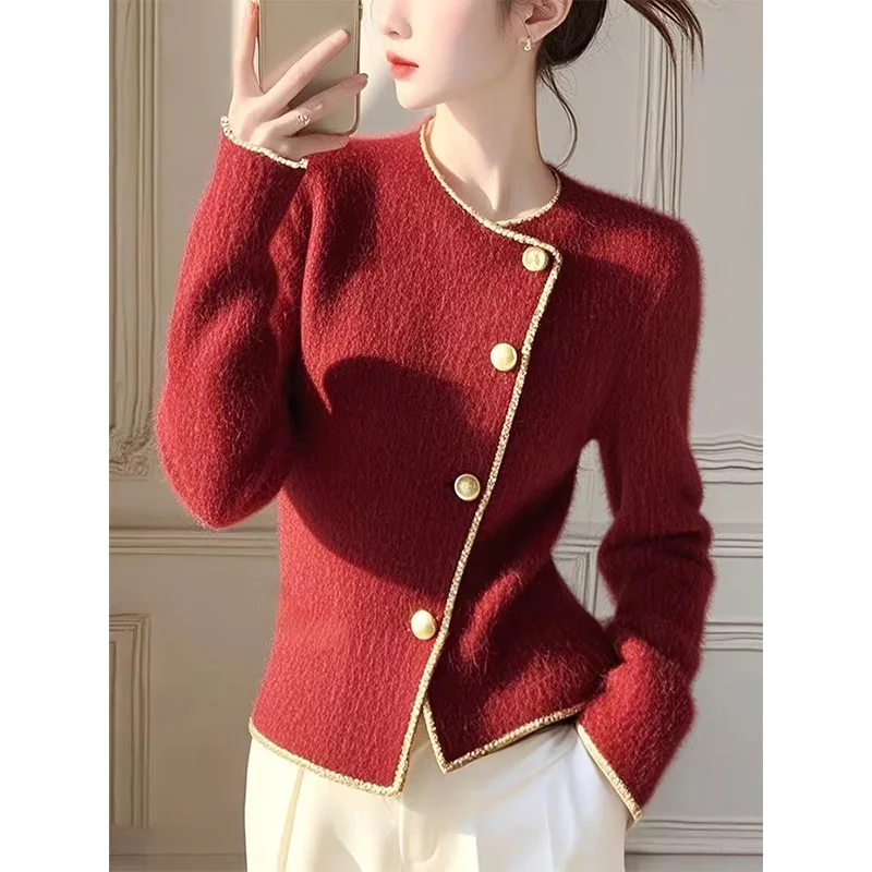 Autumn Winter Vintage Fashion Thick Warm Solid Knitted Cardigan Women's Clothing Elegant Slim Wool O-neck Soft Sweaters