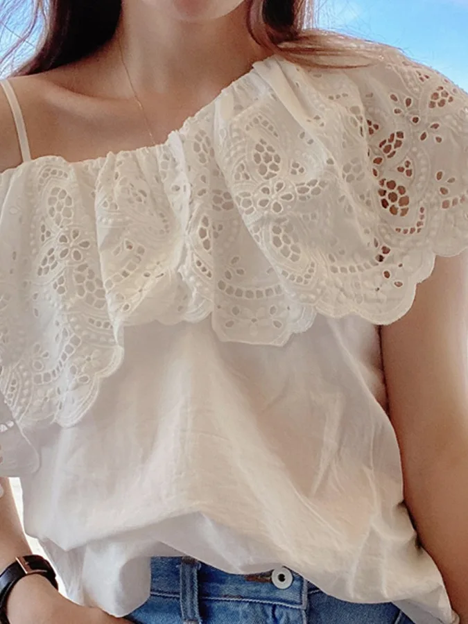 

Faionable Summer 2025 Women's Loose Design Sense Blouse oulder Exposure White irt Le Korean Sle Bubble Sve