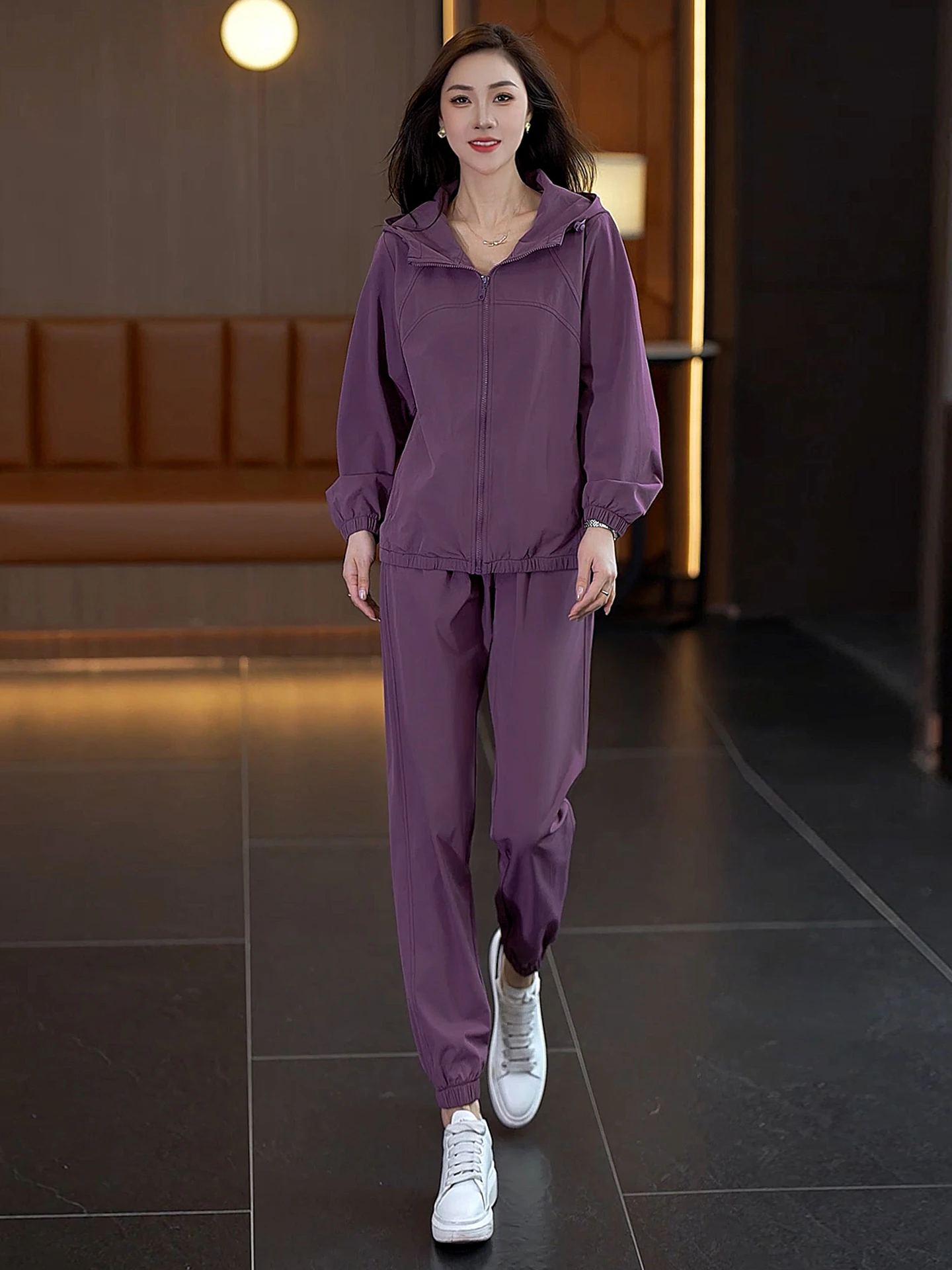 Conjunto informal de Fitn largo con capucha para mujer, conjunto de dos piezas con cierre de cremallera, para viajes al aire libre, ejercicio, otoño