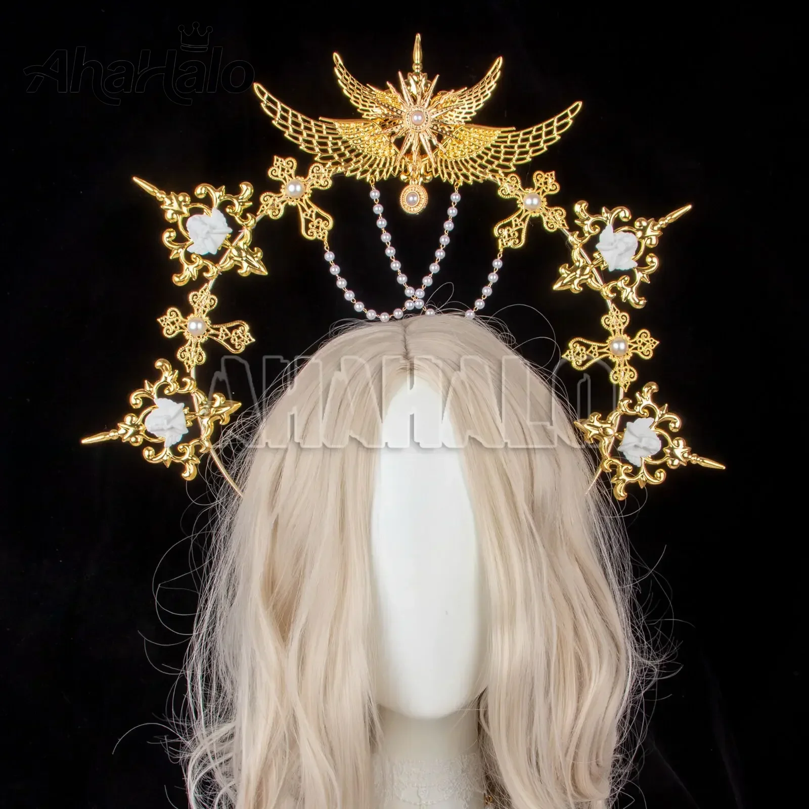 Fatto a mano argentato Mary Apollo Sun Halo Crown Lolita Fascia vintage Copricapo ala d'angelo Dea Copricapo per feste di Halloween