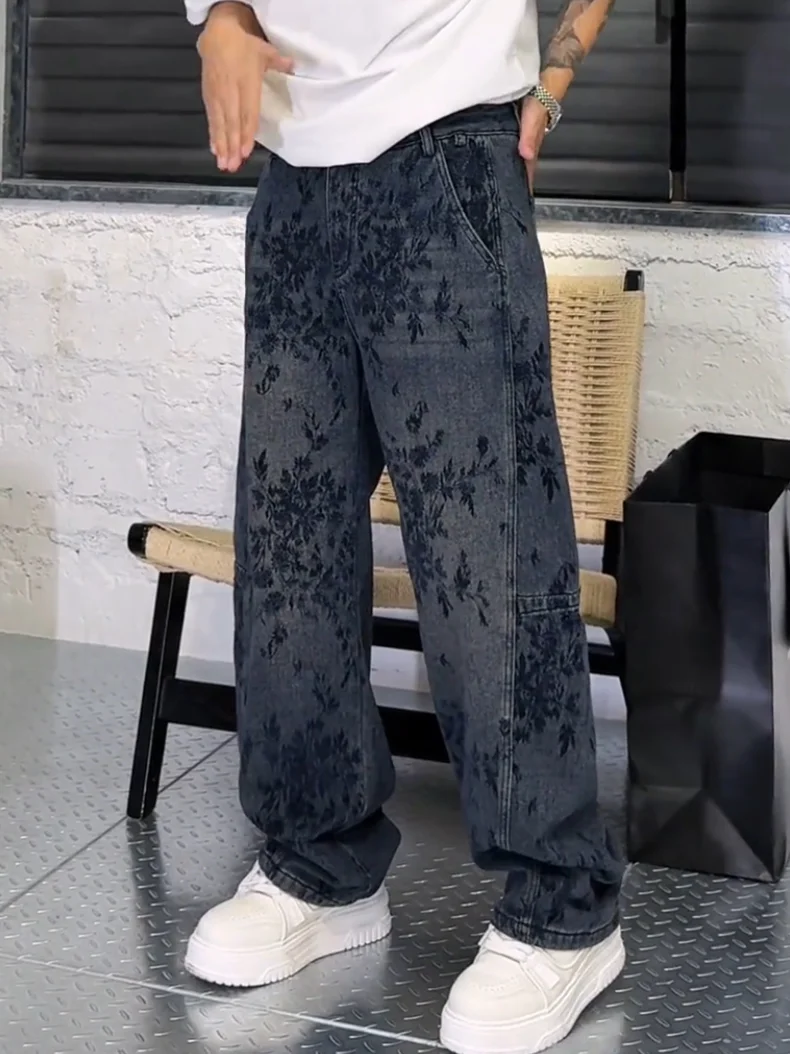 

Spring New Men's Faionable National Sle Embroidered Waed Denim Pants Vintage Loose Wide Leg Knife Pants Cotton Blend