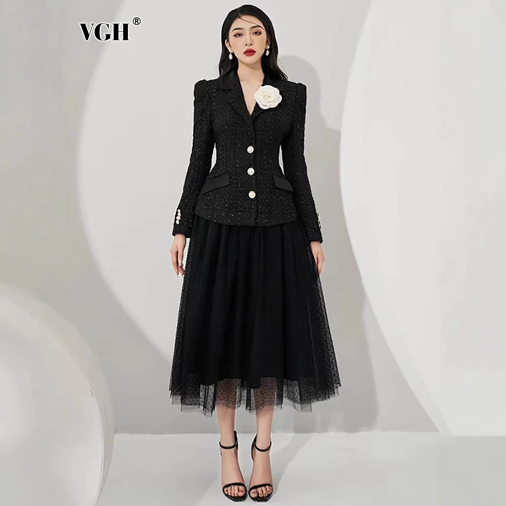 

VGH Temperament Skirt Sets for Women Lapel Long Sleeve Spliced Appliques High Waist Mesh A Line Skirts Elegant Suit Female New