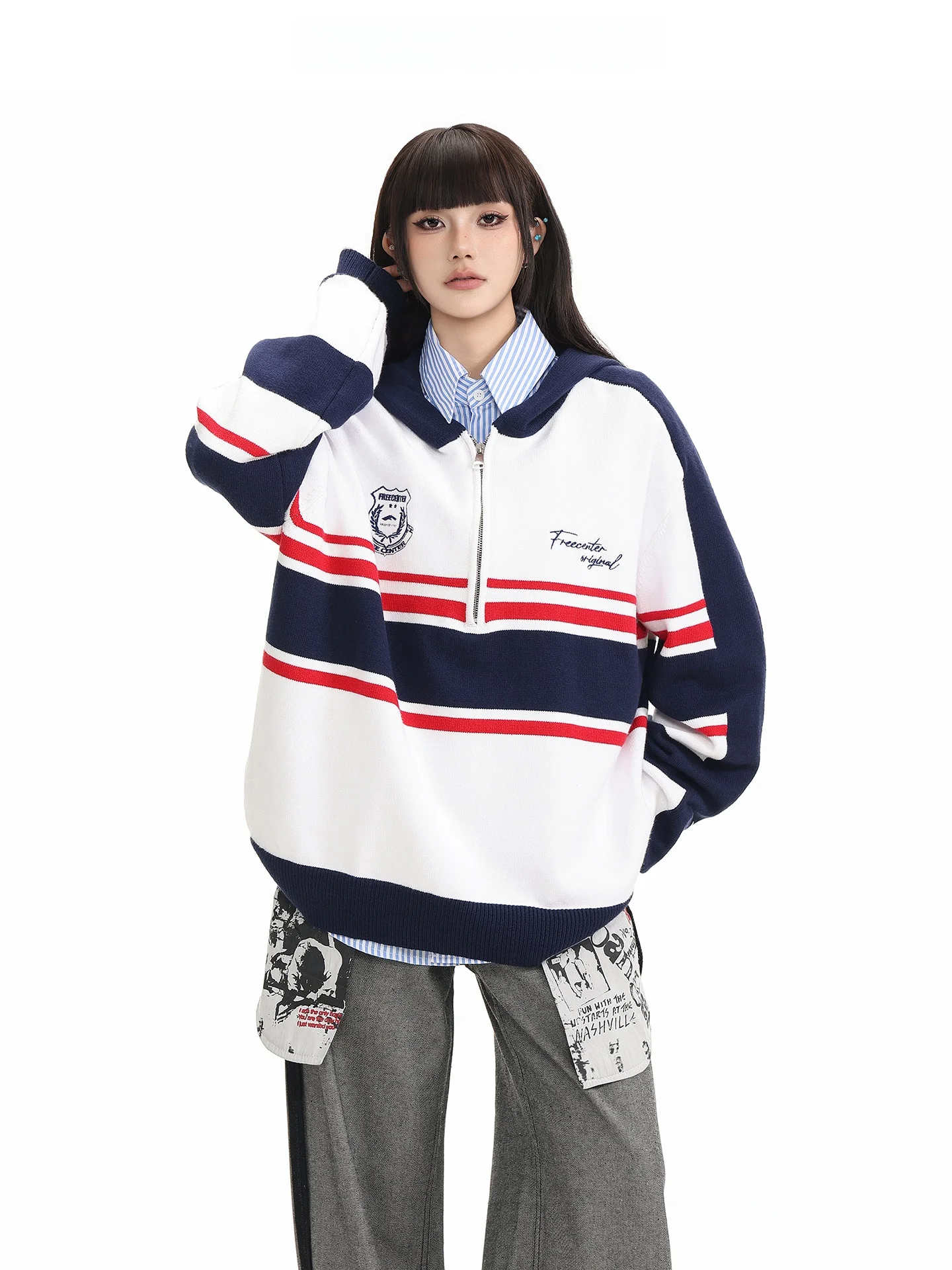 

Free Center American College Sle Color Blo Hoodie Knitted Sweater Unique Design f Zipper Jaet Autumn Winter Women's ...