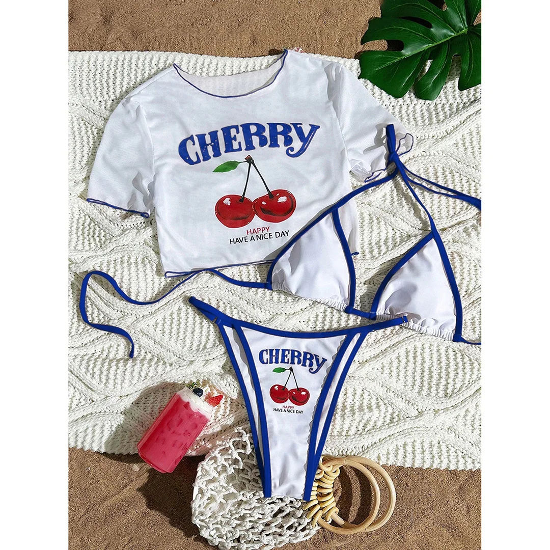 S - XL, 13 Farben, bedrucktes, dreiteiliges Bikini-Set, Bikini mit kurzen Ärmeln, Damen-Badeanzug, Damen-Badebekleidung, Badeanzug, Badebekleidung, Modell V6854G. – Detail 23
