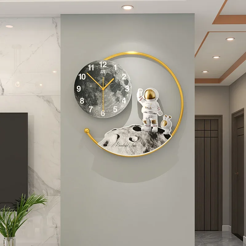 Astronaut Moon Landing Wall Clock Light Luxury Living Room Hanging Clock Cartoon Kids Room Decoration Modern Design Wall Watch