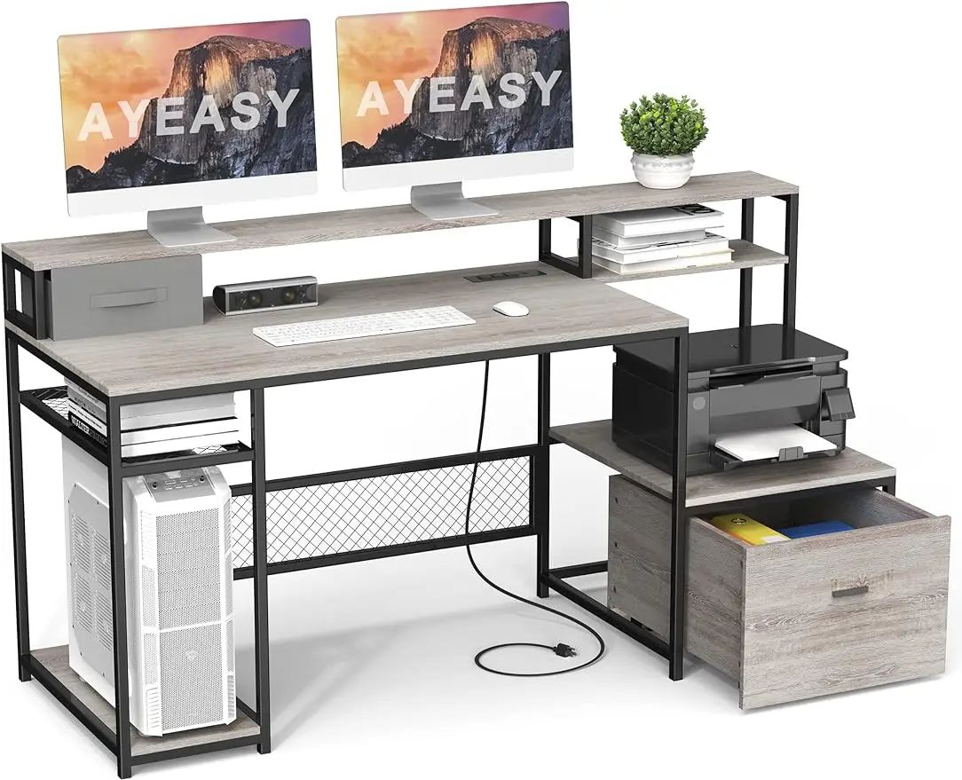 

AYEASY Home Office Desk with Monitor Stand Shelf, 66 inch Large Computer Desk with Power Outlet and USB Charging Port, Computer