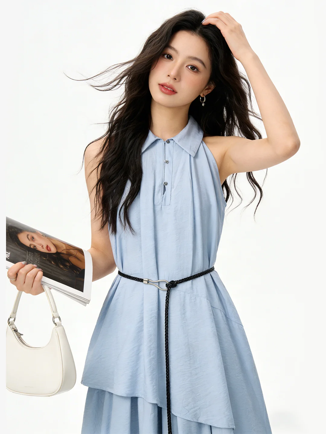 

Новая летняя повседневная корейская юбка-миди с воротником, в стиле пэчворк, с эффектом двухслойности, асимметричная