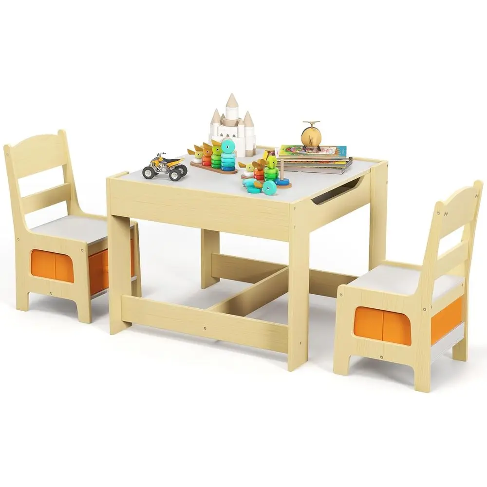 Kids Table and Chair Set, 3 in 1 Wooden Activity Table with Storage Der, Detachable Tabletop or Children Ding Reading Art Crat,
