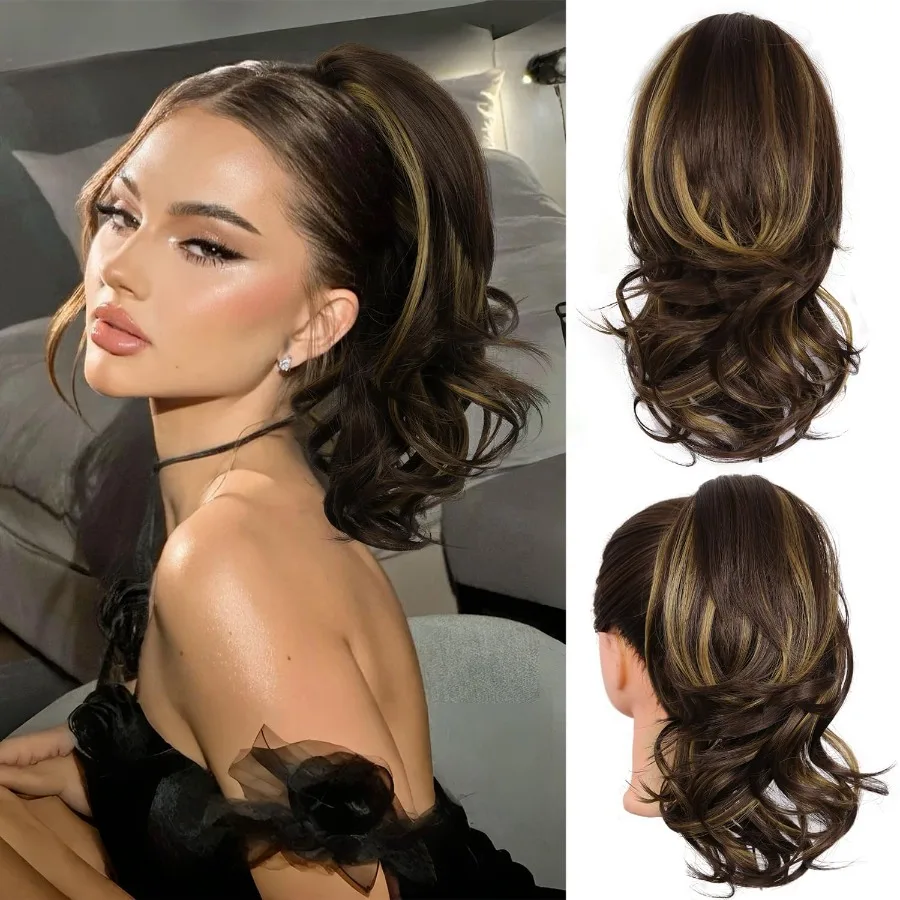 14インチのソフトウェーブポニーテールエクステ、日常使いや特別な機会に最適、爪クリップデザインの合成ヘアエクステ