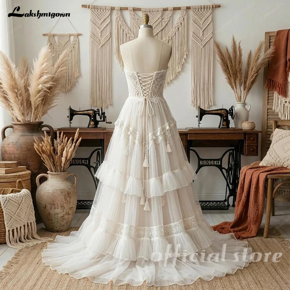 Lakshmigown Bohemisches Spitzen-Strandhochzeitskleid, trägerloses, sexy Boho-Brautkleid mit Quasten und Illusionseffekt, Vestido De Novia, maßgeschneidert – Detail 9