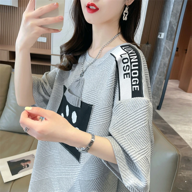Woman T-shirt Jacquard Weave Summer Korean Casual O-Neck Patchwork Solid Female Fashion Loose Half Sleeve Tops Women's Clothing