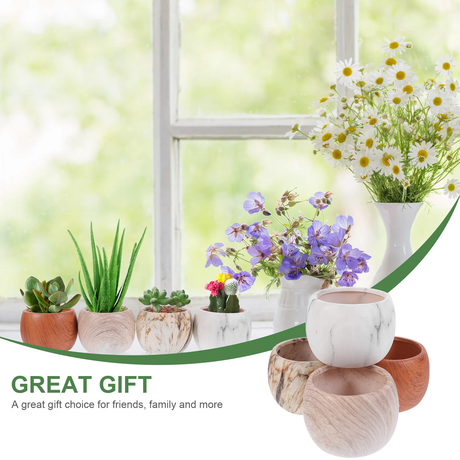 

4Pcs Succulent Ceramic Flowerpot Mini Pot Home Garden Balcony Decoration Stone Wood Grain Wood-Grain Flower Pot