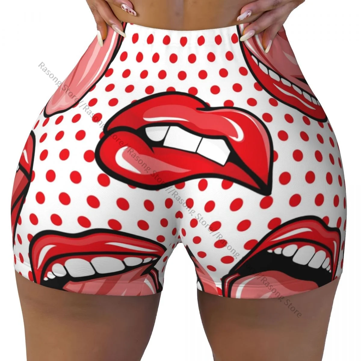 Sexy tight hip sports shorts Art Red Mouth Lip Tongue Dot Pattern fitness women's comfortable yoga shorts