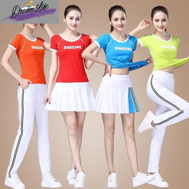 

New Women's Square Dance Fitn Clothes Summer Sportswear Modal ort Sve T-irt Cotton Blend Stage Costume Set