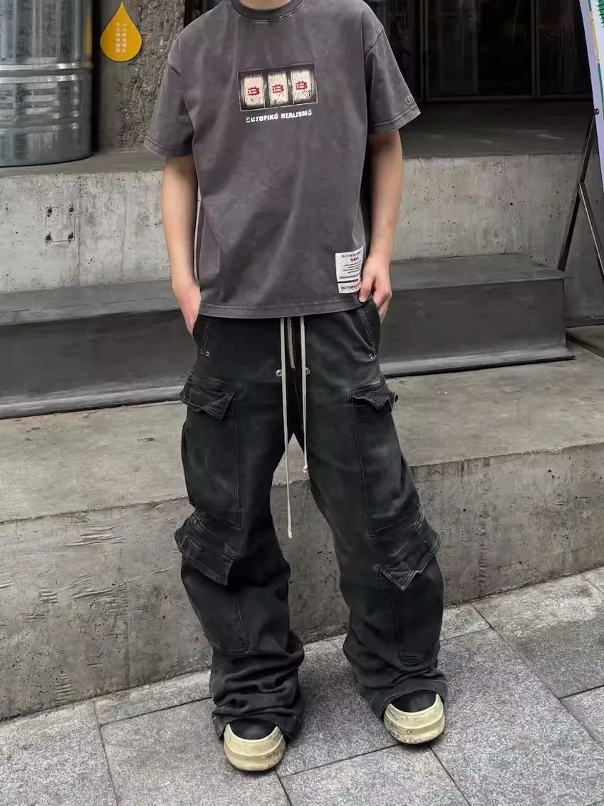 American High Street Retro Men's Loose Wide Leg Jeans Workwear Denim Pants with Multiple Pockets Casual Trendy Long Trousers