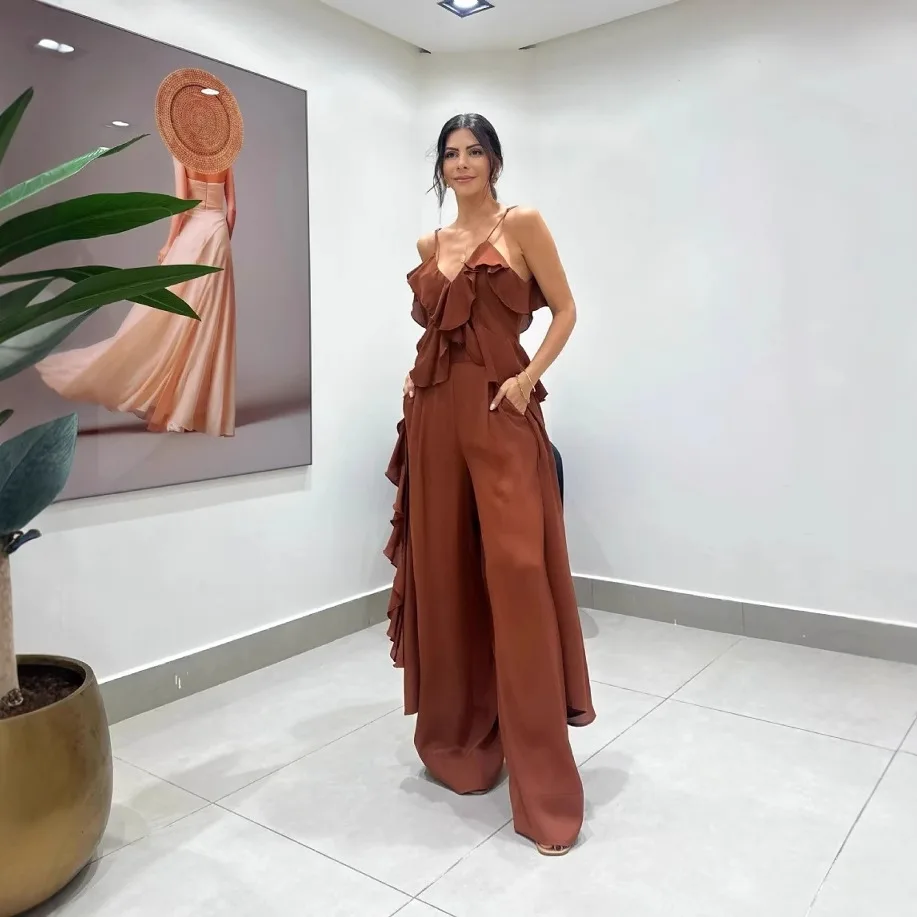 Tweedelige sets Damesoutfits 2023 Zomer Effen kleur Chiffon V-hals Hemdje Ruche Rechte pijpen Broek Bijpassende sets