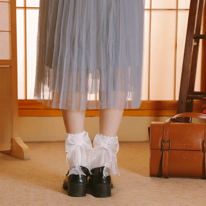 White Black Socks Girl Lolita Cute Satin Lace Mid-tube Socks Japanese Sweet Uniform JK Bow Socks