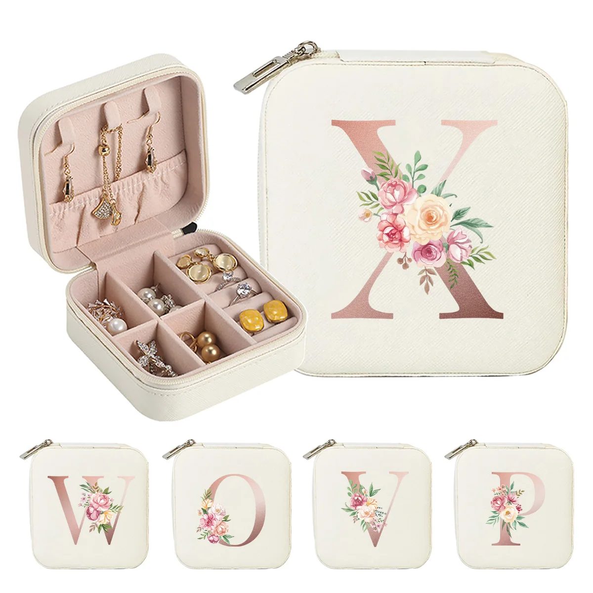 Mini Travel Jewelry Organizer Box with Custom Floral Initial F Portable Zipper Storage Case for Rings Earrings