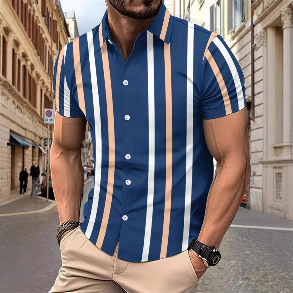 Striped Men's Business Casual 3D Printed Shirt Outdoor Street Summer Lapel Short Sleeve XS-5XL Stretch Fabric Shirt 2025