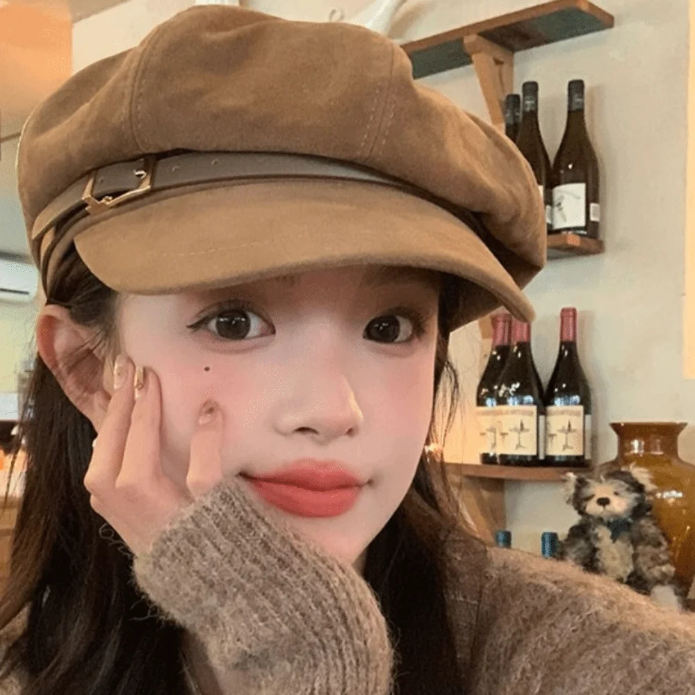 عارضة النمط البريطاني بو الجلود قبعة حزام مشبك براون الجلد المدبوغ مثمنة قبعة الفنان قبعة الرجعية الرسام قبعة السفر #2