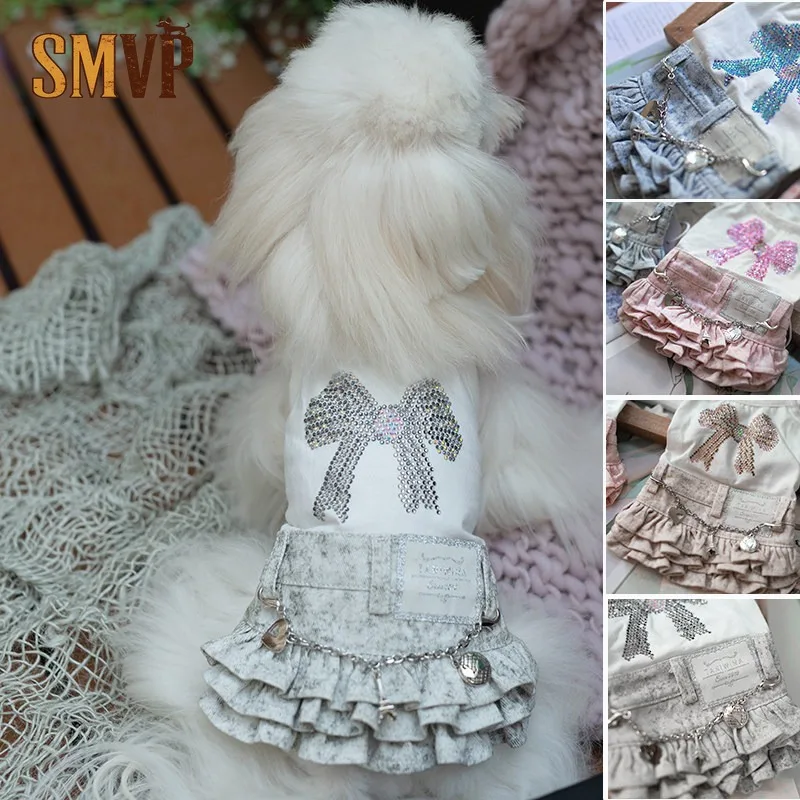 Sparkle Hotfix Rhinestone Bow Sling Undershirt Vintage Washed Denim Tiered Flounce Dress Sweet Daily Costume for Pets Clothes