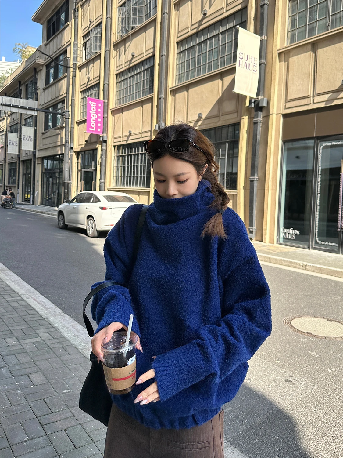 

D YANGJUN Winter New High Collar Blue Knitted Long Sve Women's Sweater oulder Drop Outerwear Top Warm Commute Sle Pure...
