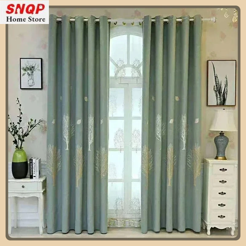Custom Size European Blackout Curtain for Living Room Tulle Bedroom Cotton Linen Jacquard Sheer Simple Fresh Fortune Tree Print