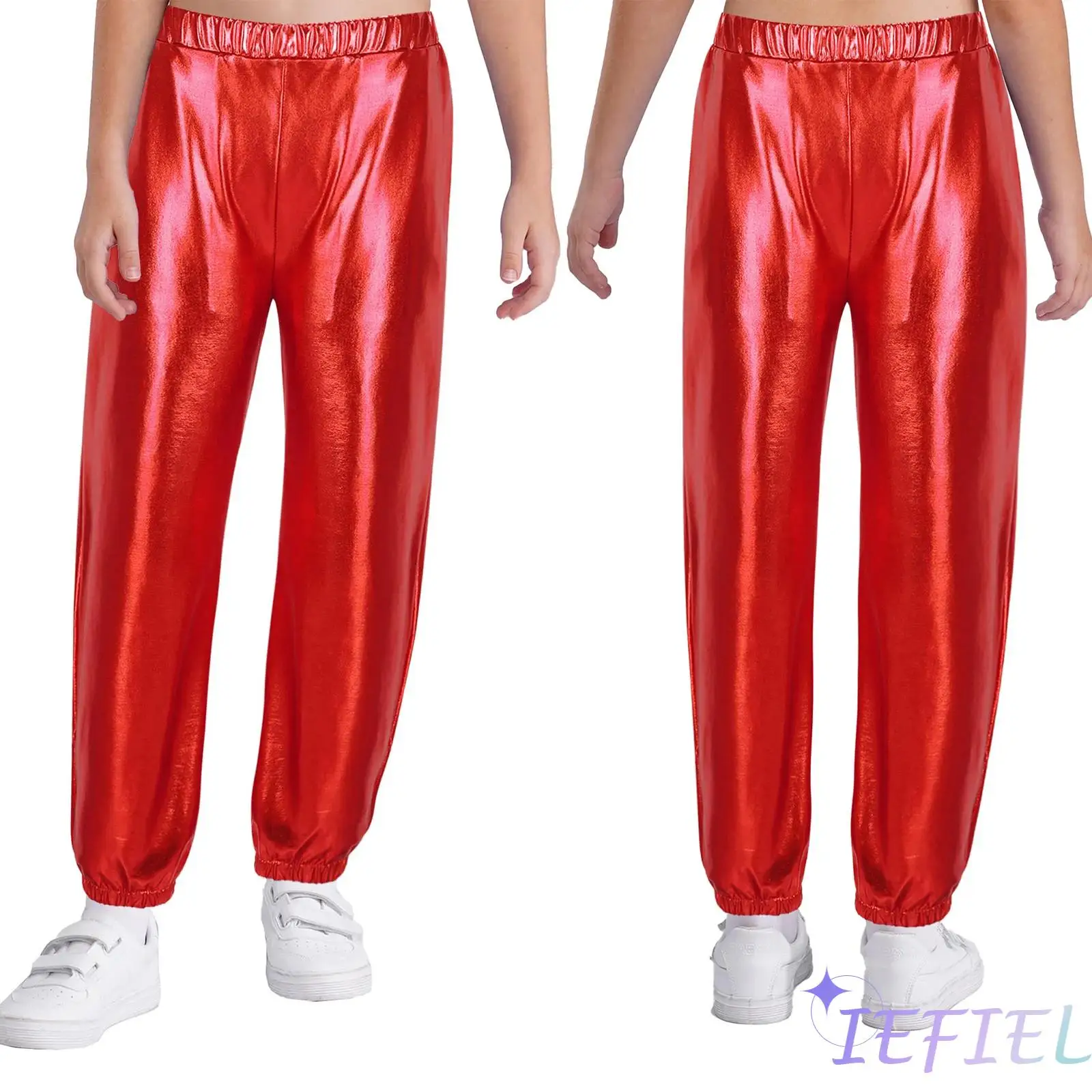Kids Girls Street Dance Style Costume Glossy Metallic High Waist Elastic Pants with Pockets Hip Hop Disco Party Dance Trousers
