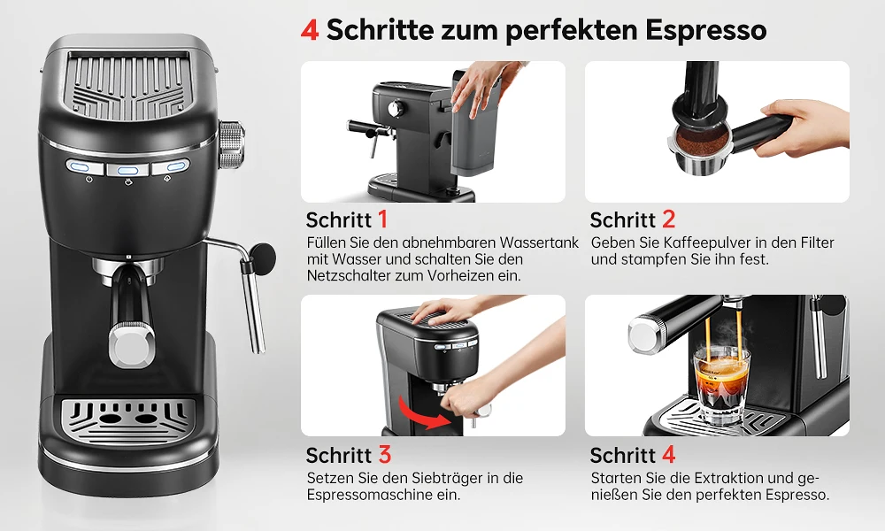15 Bar 1,2 l abnehmbarer Tank, kompakte Cappuccino-/Latte-Maschine, Edelstahl, 1100 W, schwarze Espresso-Kaffeemaschine – Detail 3