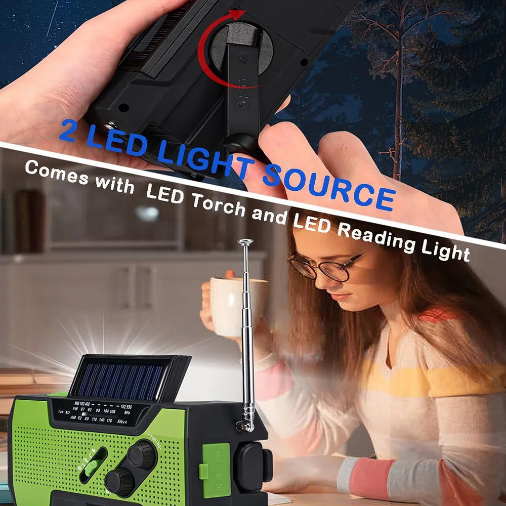 Multifunction Emergency Radio Portable AM/FM Radio Solor Hand Crank USB Rechargeable Torch Flashlight Reading Lamp SOS Alarm