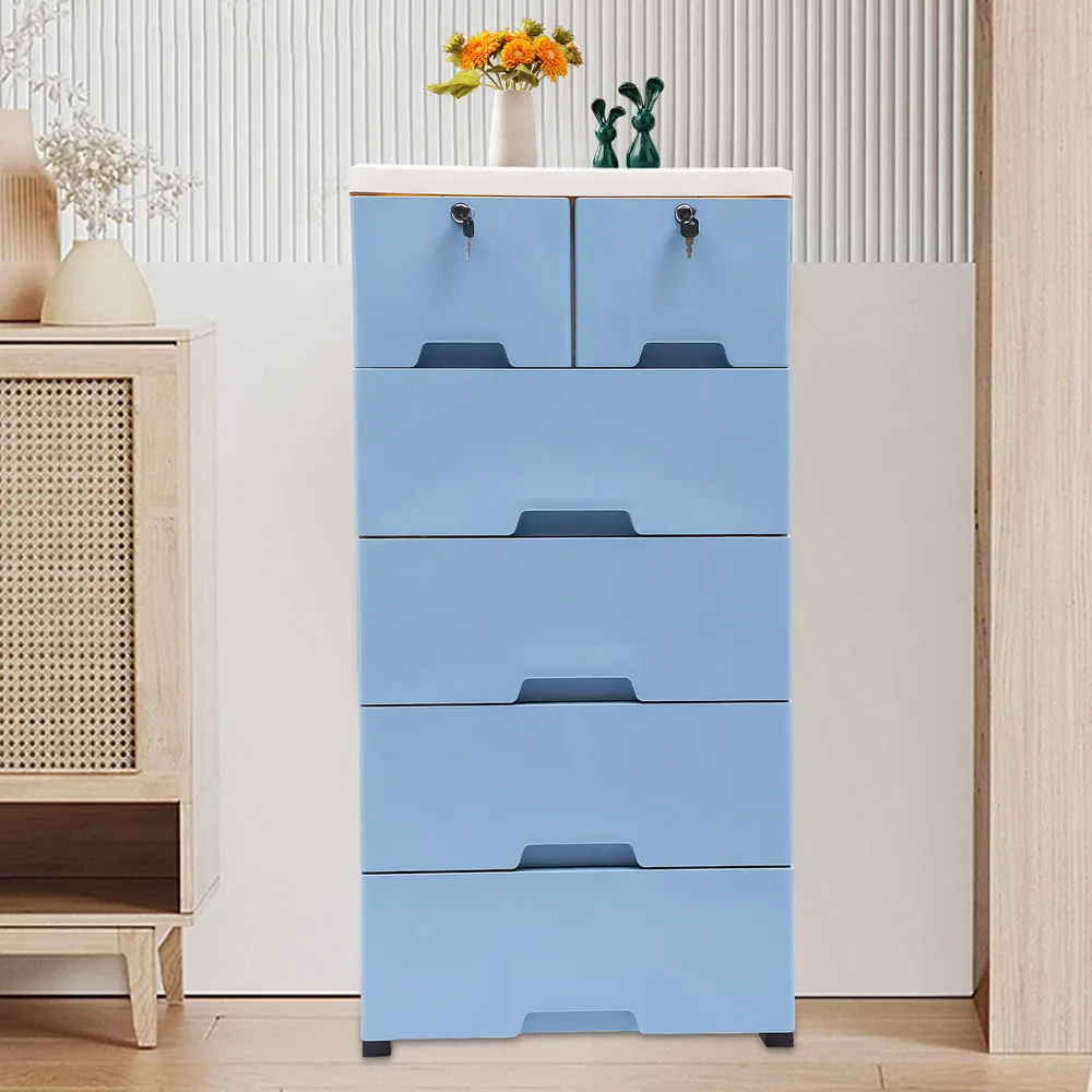 

Drawers Dresser Storage Cabinet with Lock Storage Dresser with 5 Drawers Organizer 4 Wheels Household Bedroom Blue