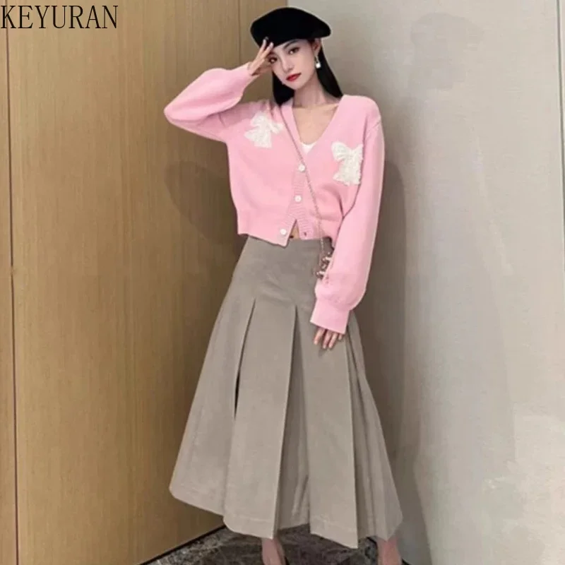 Autumn Winter Sweet Bow Beading Knitted Cardigan Women Vintage V-Neck Full Sleeve Sweater Korean Style Loose Short Knitting Tops