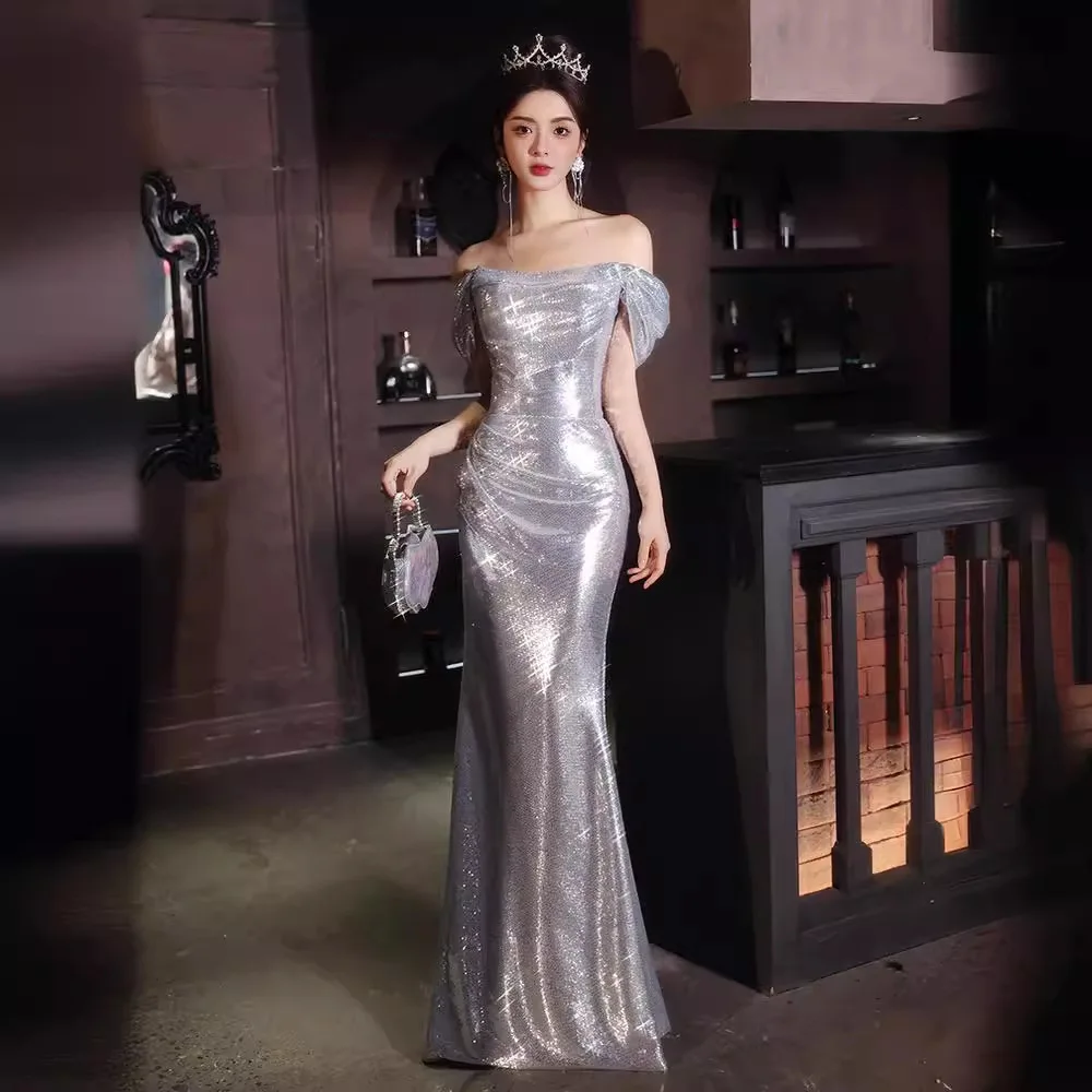 Suknia wieczorowa na jedno ramię, damska, z trenem typu fishtail, luksusowa, wysokiej klasy, na ceremonię, egzamin artystyczny, dla prowadzącej, na bal, Aosp...